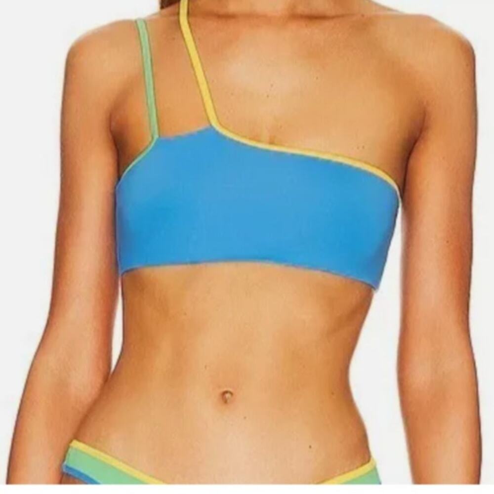 Stone Fox Swim Ibiza Blue Green Yellow One Shoulder Bikini XL Bathing Top NWT